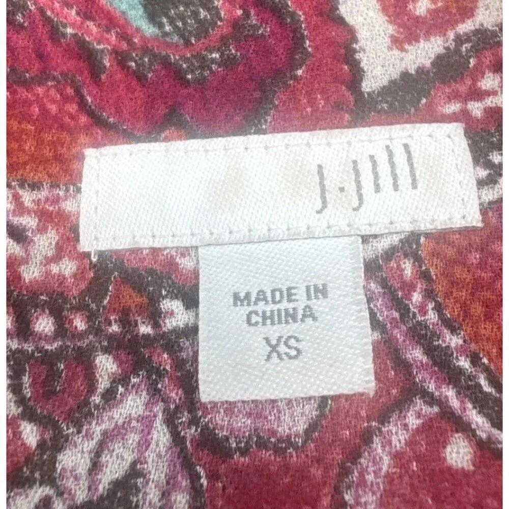 J‎ Jill Women’s Red Paisley Layered Chiffon Long Sleeve Blouse Top Sz XS